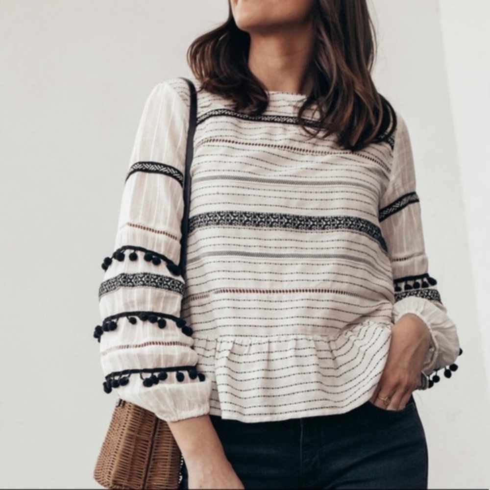 Zara Pom Pom Puff Sleeve Cotton Peasant Blouse